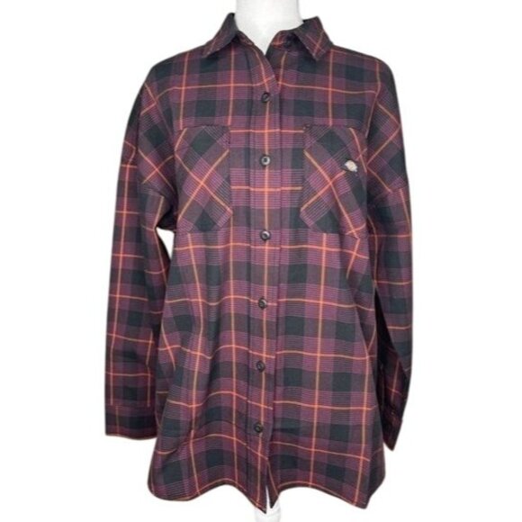 Dickies Womens Bakerhill Oversized Black Plaid Button-Up Shirt Long Sleeve Small - Picture 14 of 15